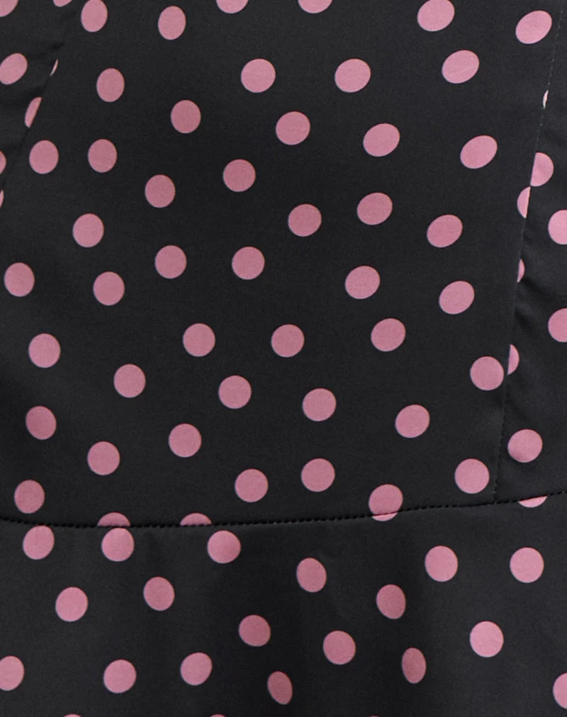 Maribel Minikleid aus schwarzem Satin mit rosa Polka-Punkten