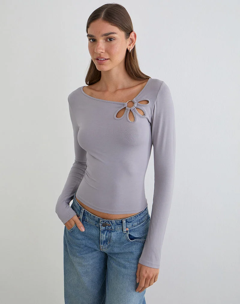 Donela Langarm-Oberteil mit Blumenring in Lila-Grau
