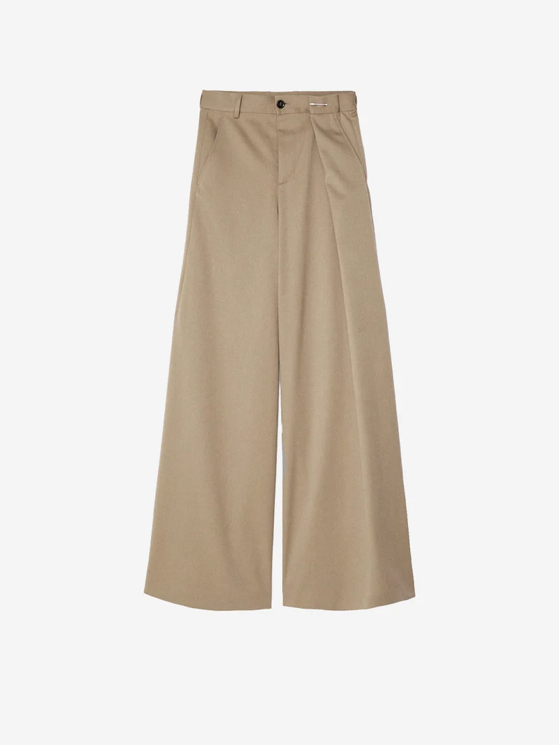 W Pantaloni beige misto lana gamba larga