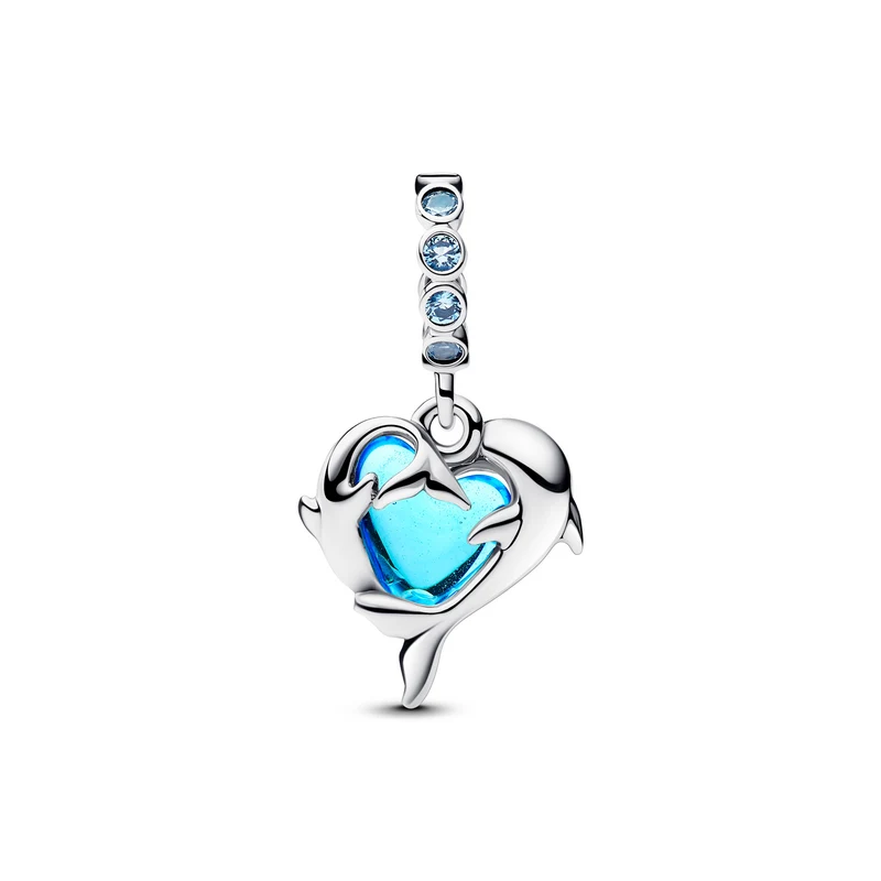 Pandora Moments 925 Sterling Silver Blue Murano Glass Dolphins Dangle Charm 793924C01