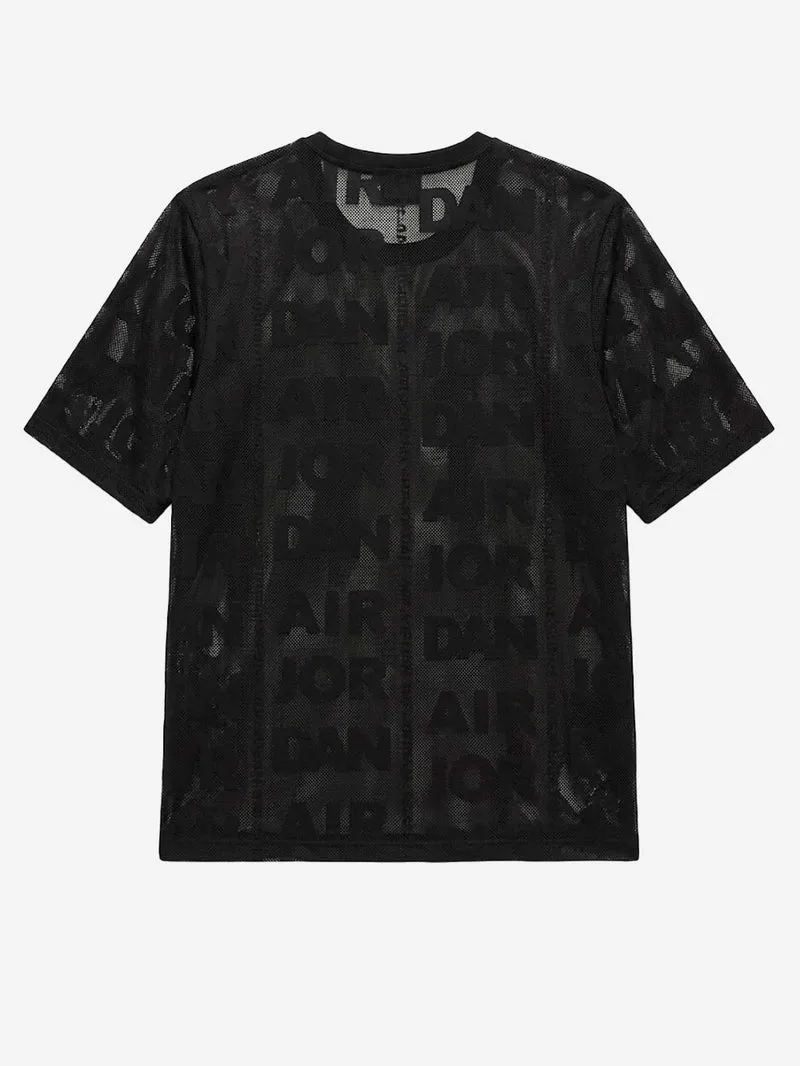 Top nero in maglia a trama larga con trasparenze