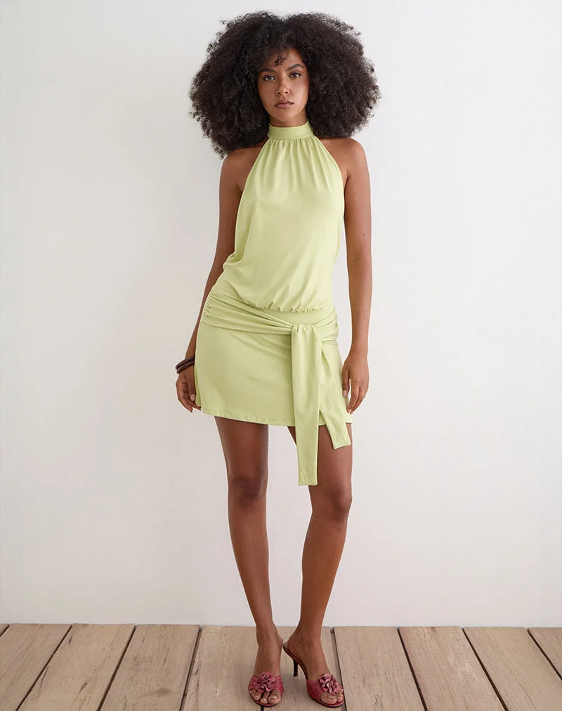 Vakali Mini-Kleid mit Neckholder-Ausschnitt aus Rayon-Jersey in der Farbe Pistazie