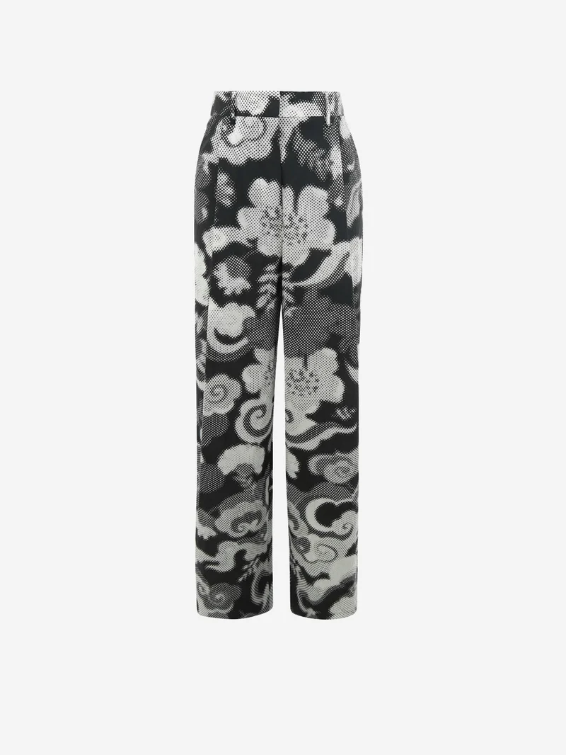 Pantaloni a gamba larga bianchi e neri con pince e stampa