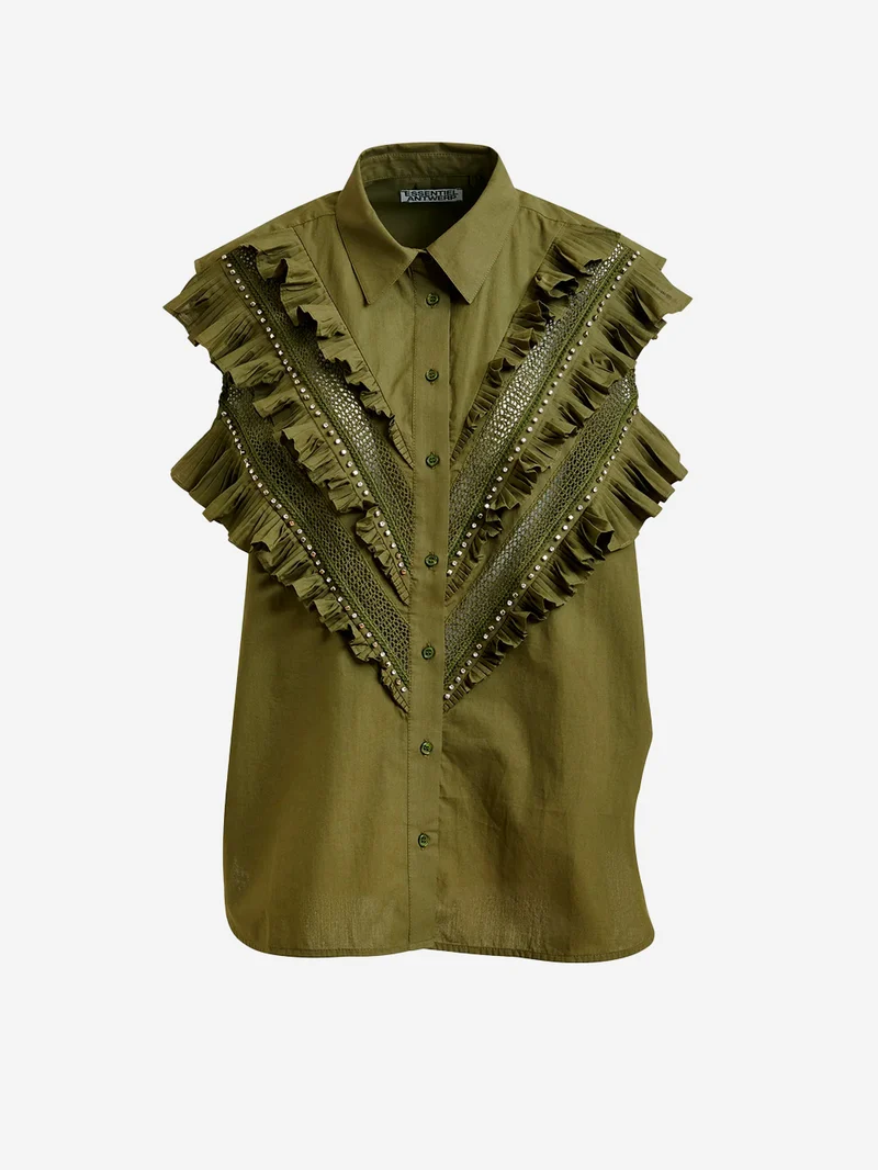 Camicia senza maniche in cotone verde con decorazioni a volant
