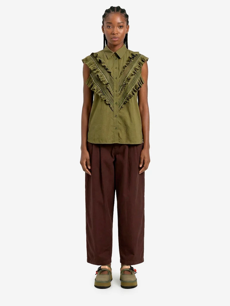 Camicia senza maniche in cotone verde con decorazioni a volant