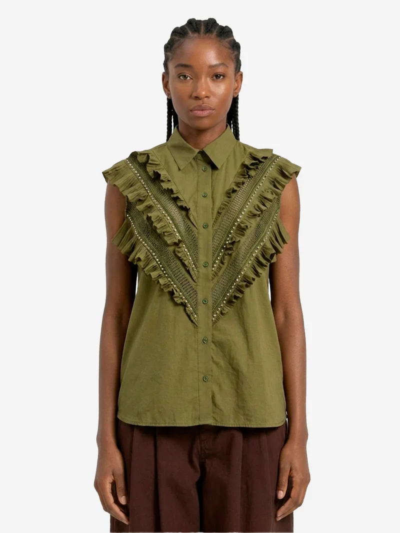 Camicia senza maniche in cotone verde con decorazioni a volant