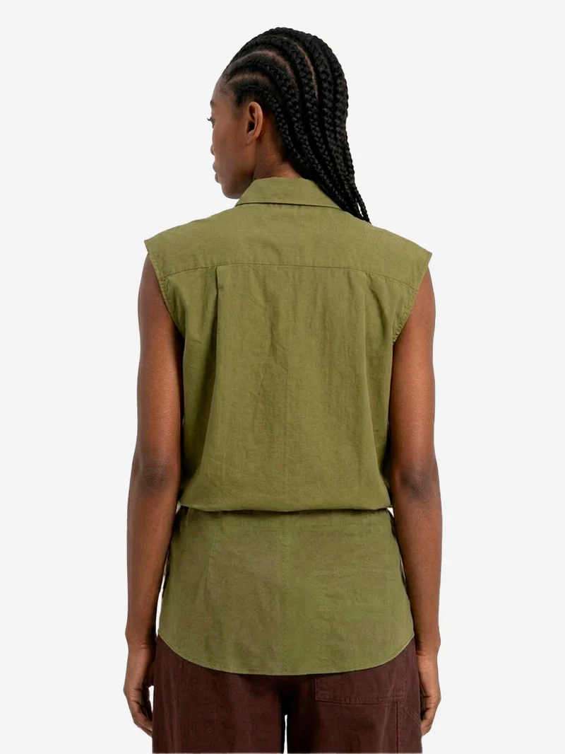 Camicia senza maniche in cotone verde con decorazioni a volant