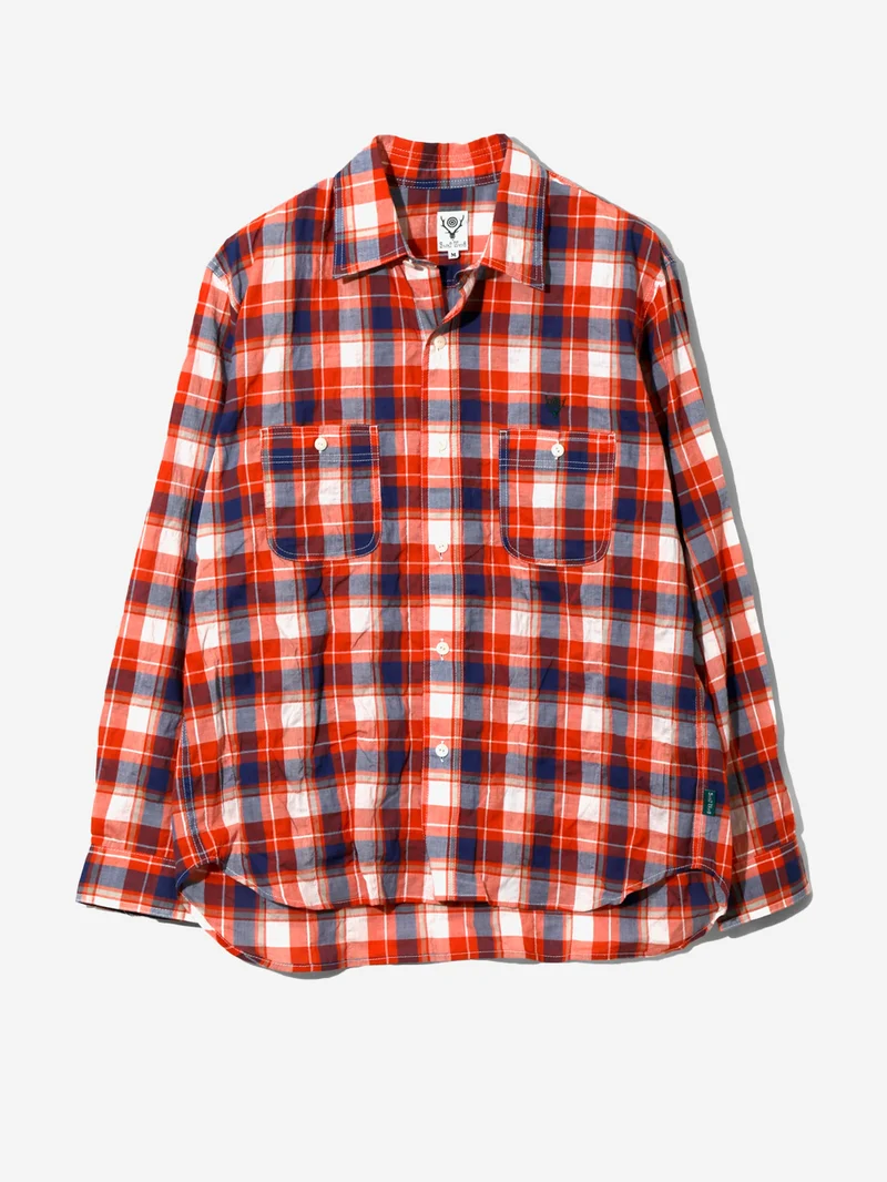 Camicia 'Work' a quadri arancione in tessuto increspato
