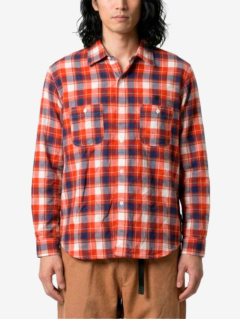 Camicia 'Work' a quadri arancione in tessuto increspato