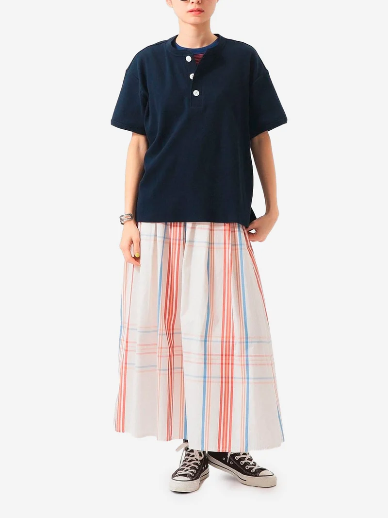 Gonna lunga avorio con pieghe e motivo big tartan