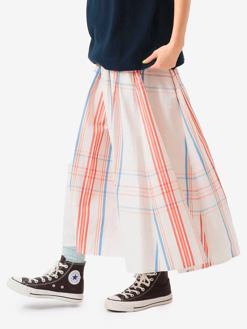 Gonna lunga avorio con pieghe e motivo big tartan