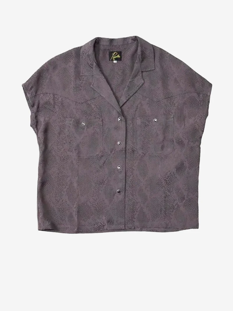 Blusa stile cowboy con maniche francesi e jacquard pitonato viola