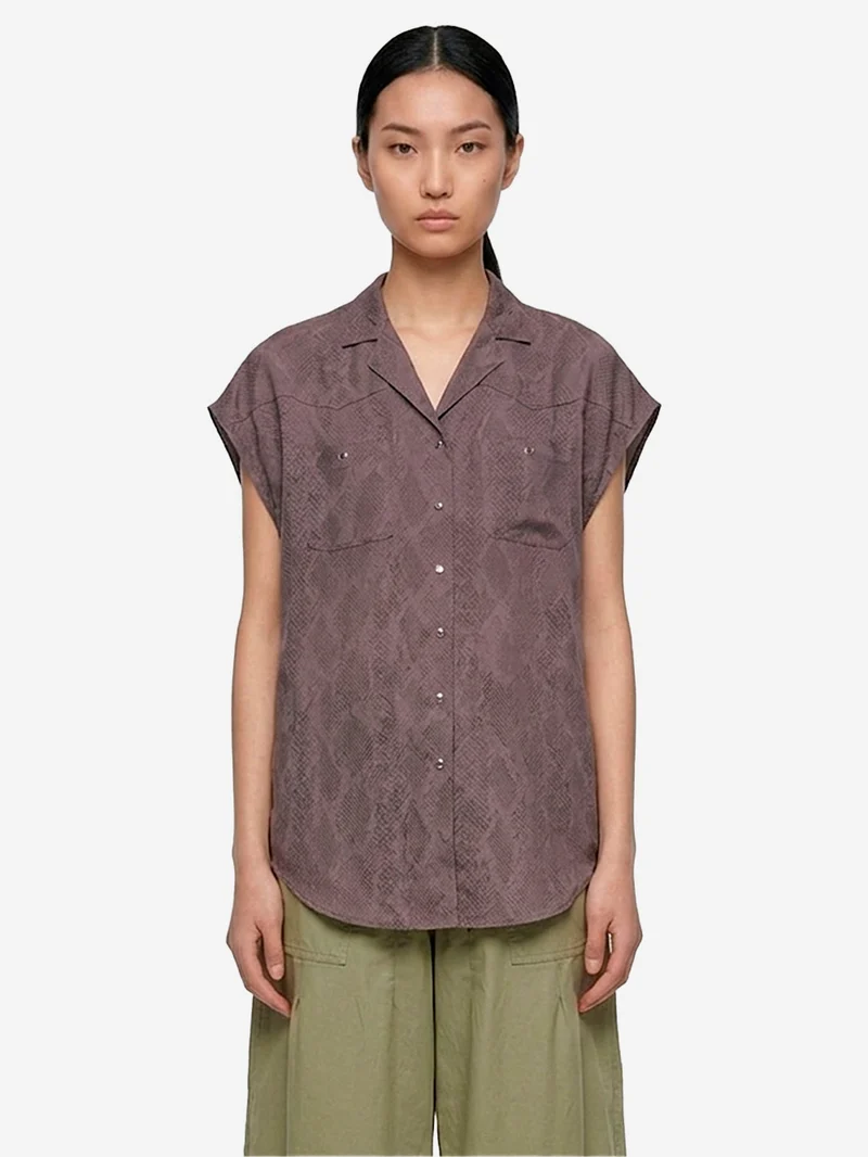Blusa stile cowboy con maniche francesi e jacquard pitonato viola