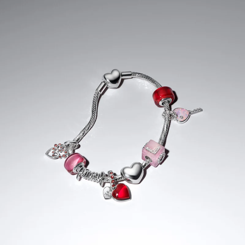 Pandora Moments 925 Sterling Silver Connected Hearts & Red Stones Pendant 794435C01
