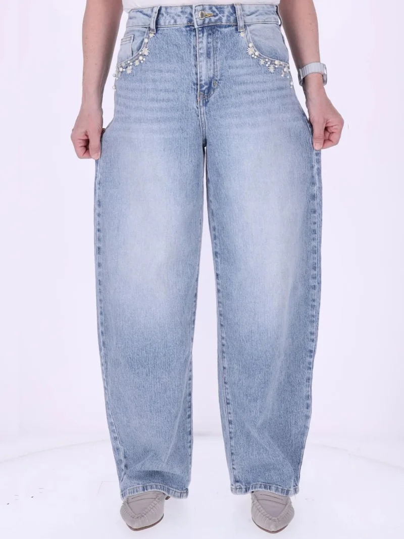 Damen Wide-Leg-Jeans mit floralen Details