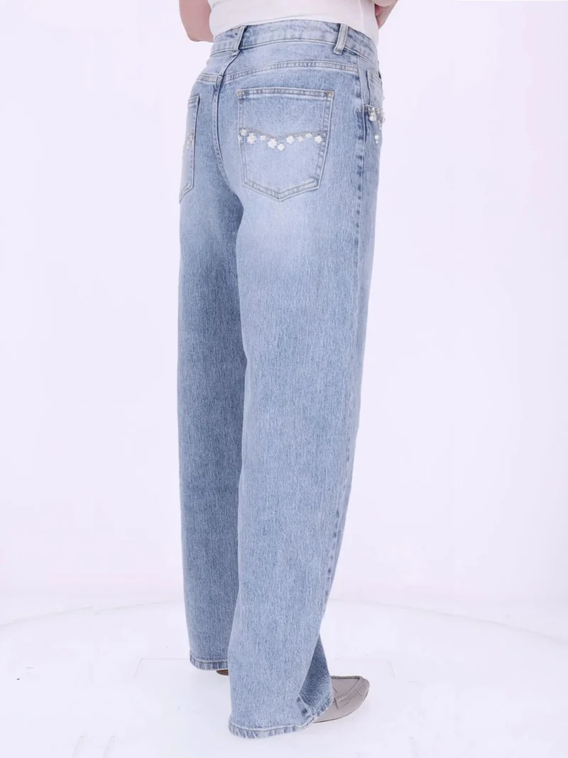 Damen Wide-Leg-Jeans mit floralen Details