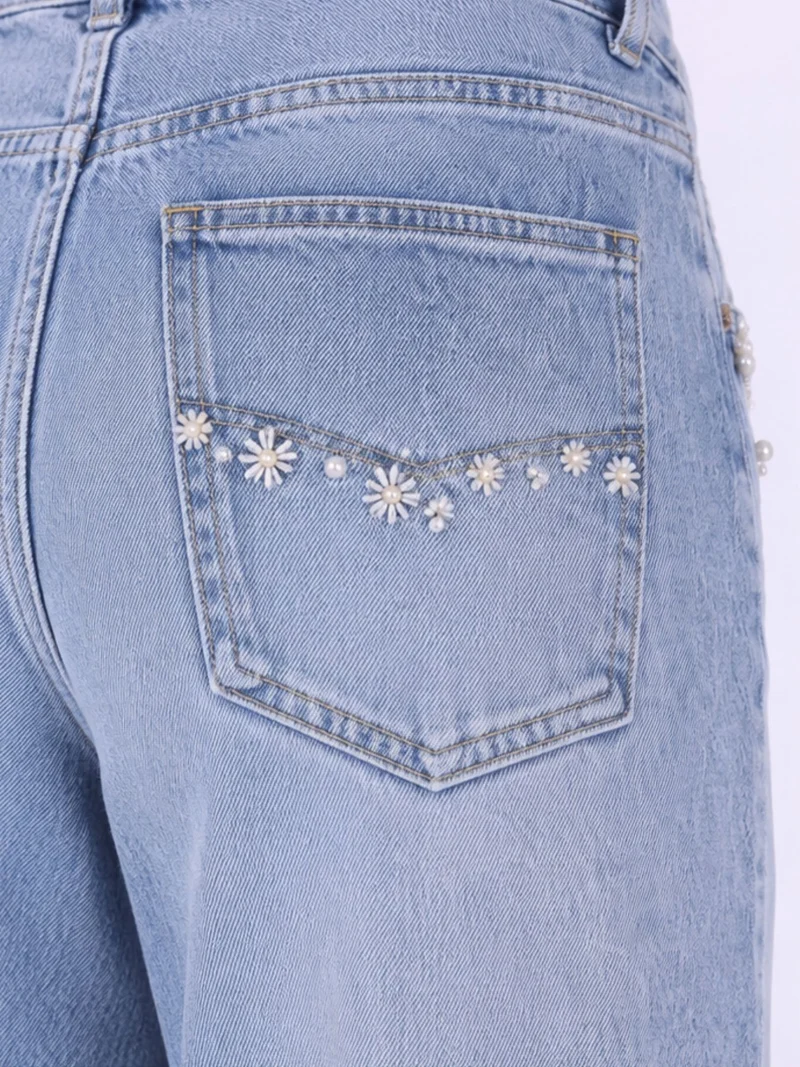 Damen Wide-Leg-Jeans mit floralen Details