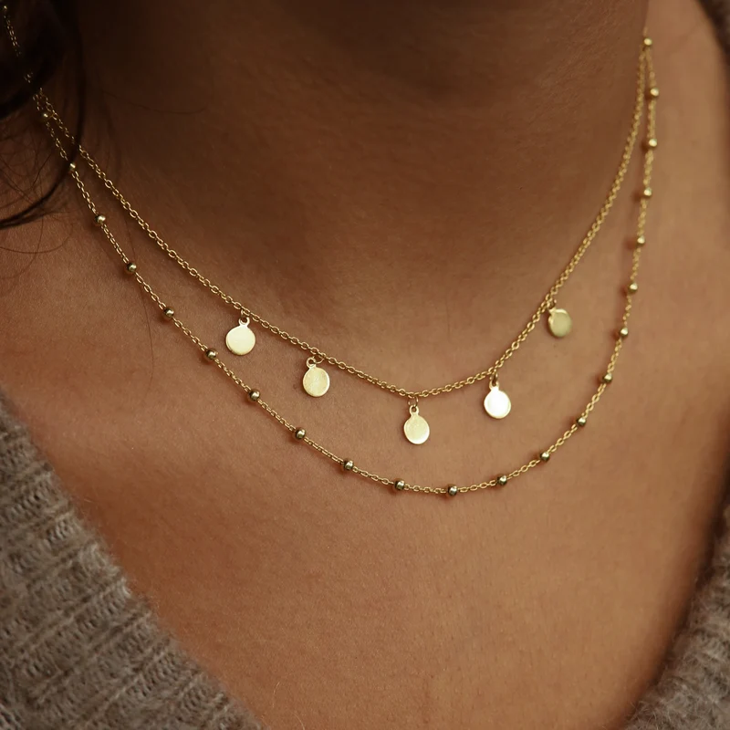 Karma 925 Sterling Silver Discus Dots Double Necklace T88