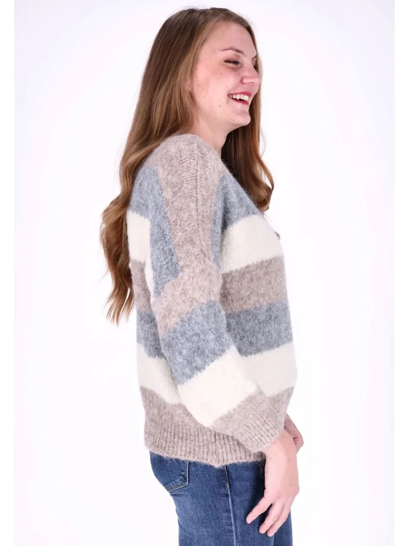 Hellbrauner Damen Strickpullover mit Streifen & Rundhalsausschnitt