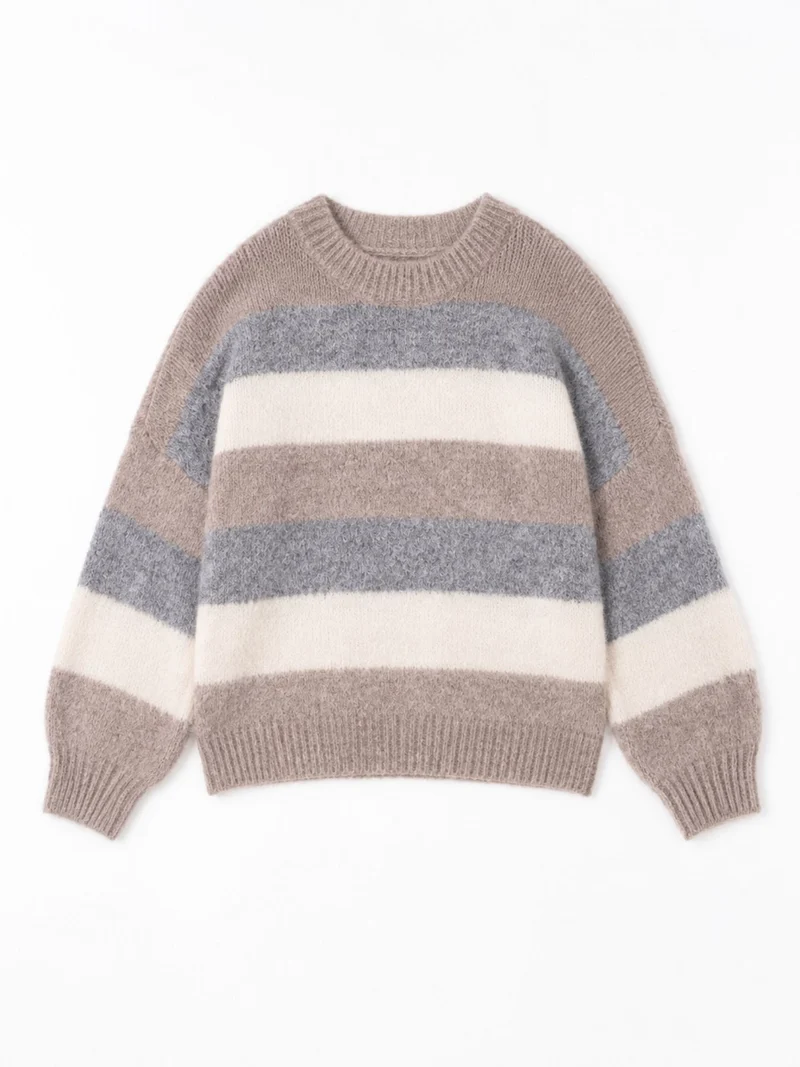 Hellbrauner Damen Strickpullover mit Streifen & Rundhalsausschnitt