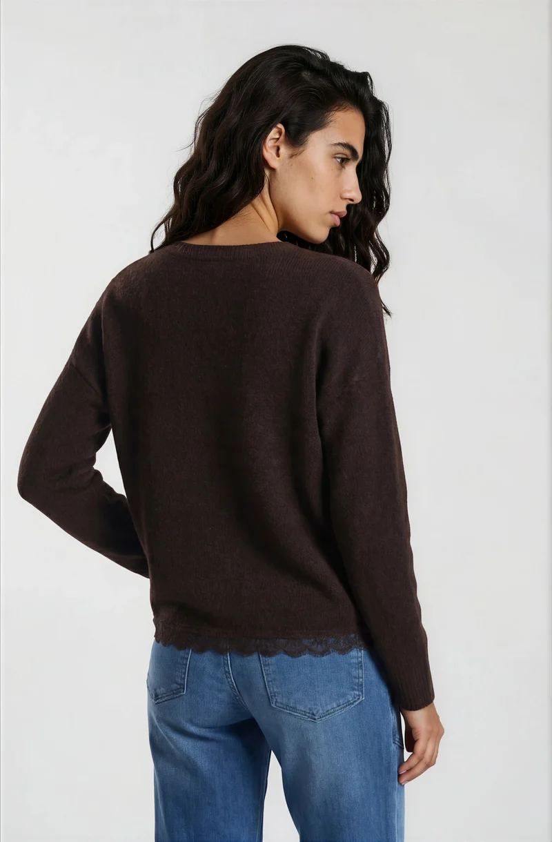 ROUND NECK 1/1 SLEEVE AE LACE AT HE, MOCCA