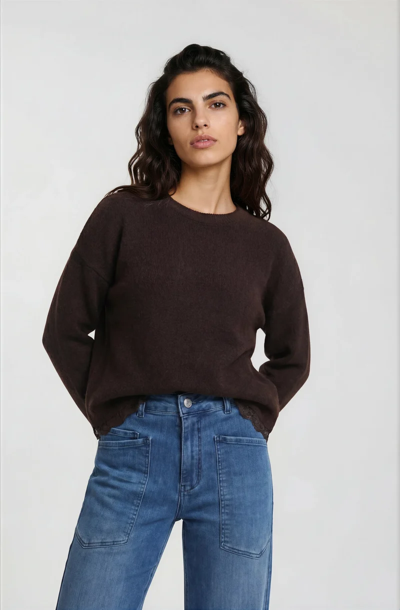 ROUND NECK 1/1 SLEEVE AE LACE AT HE, MOCCA