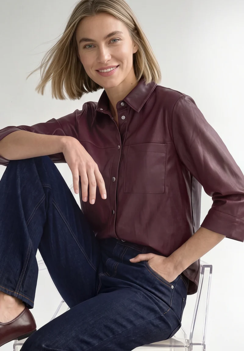 PU shirtcollar blouse w pocket, rustic rouge