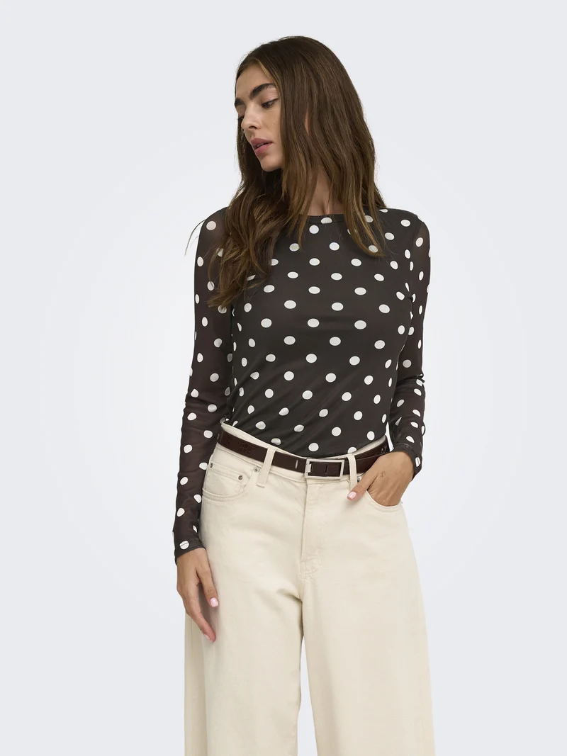 ONLNOVA L/S MESH TOP WVN, Coffee Bean/745 White dots