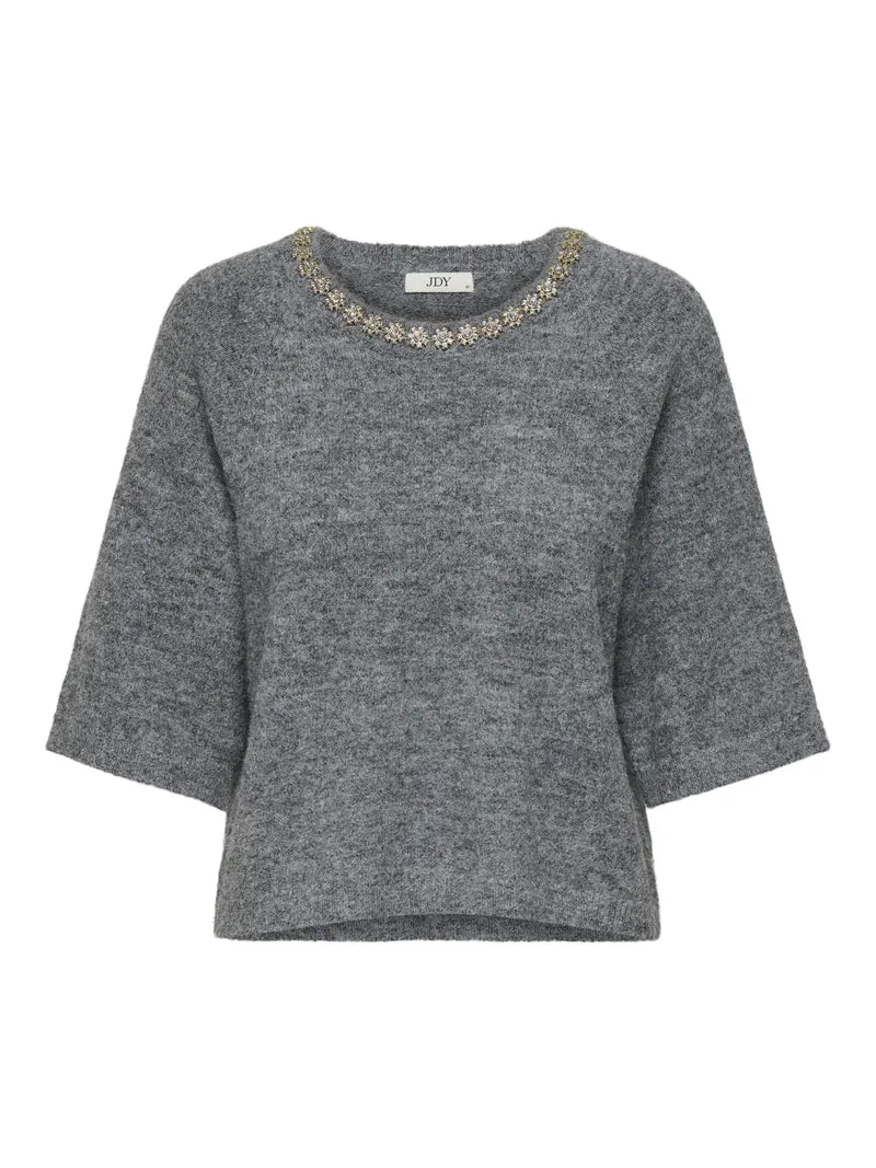 JDYALVA LIFE 3/4 EMBELLISH PULL KNT, Dark Grey Melange/W. GOLD EMBELLISH