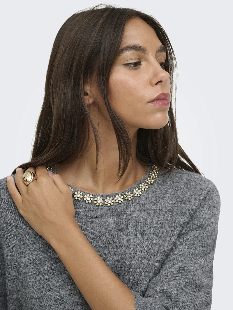JDYALVA LIFE 3/4 EMBELLISH PULL KNT, Dark Grey Melange/W. GOLD EMBELLISH