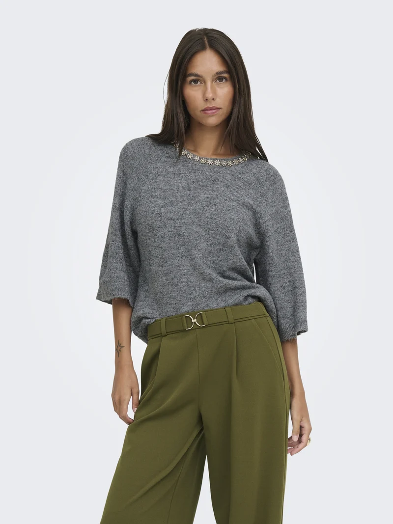 JDYALVA LIFE 3/4 EMBELLISH PULL KNT, Dark Grey Melange/W. GOLD EMBELLISH