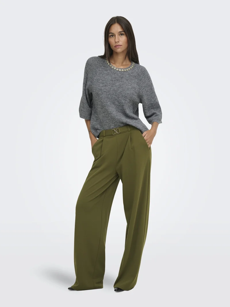 JDYALVA LIFE 3/4 EMBELLISH PULL KNT, Dark Grey Melange/W. GOLD EMBELLISH