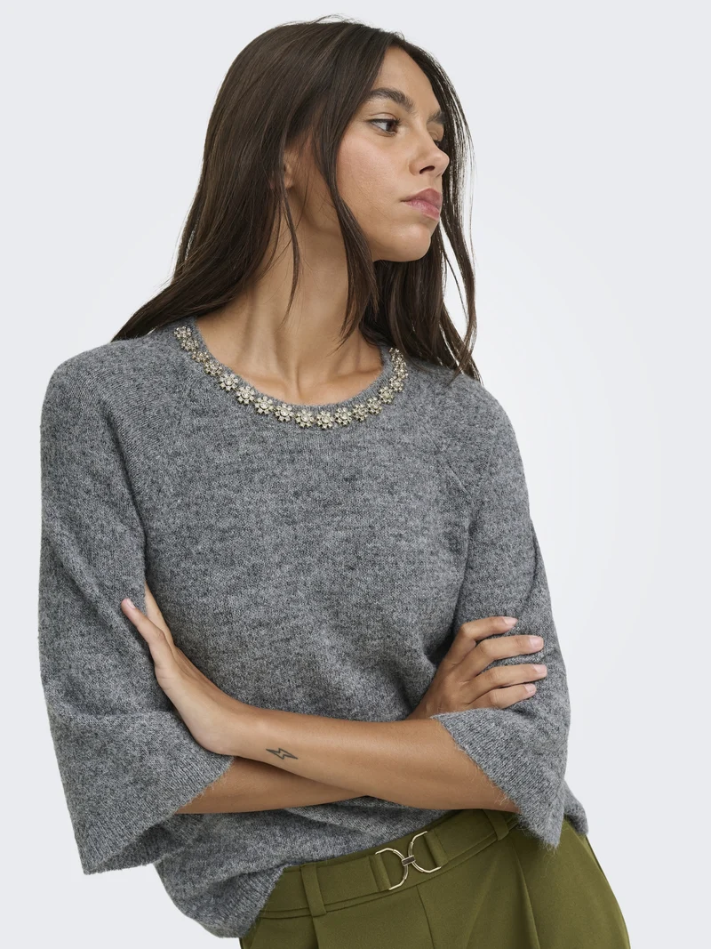 JDYALVA LIFE 3/4 EMBELLISH PULL KNT, Dark Grey Melange/W. GOLD EMBELLISH
