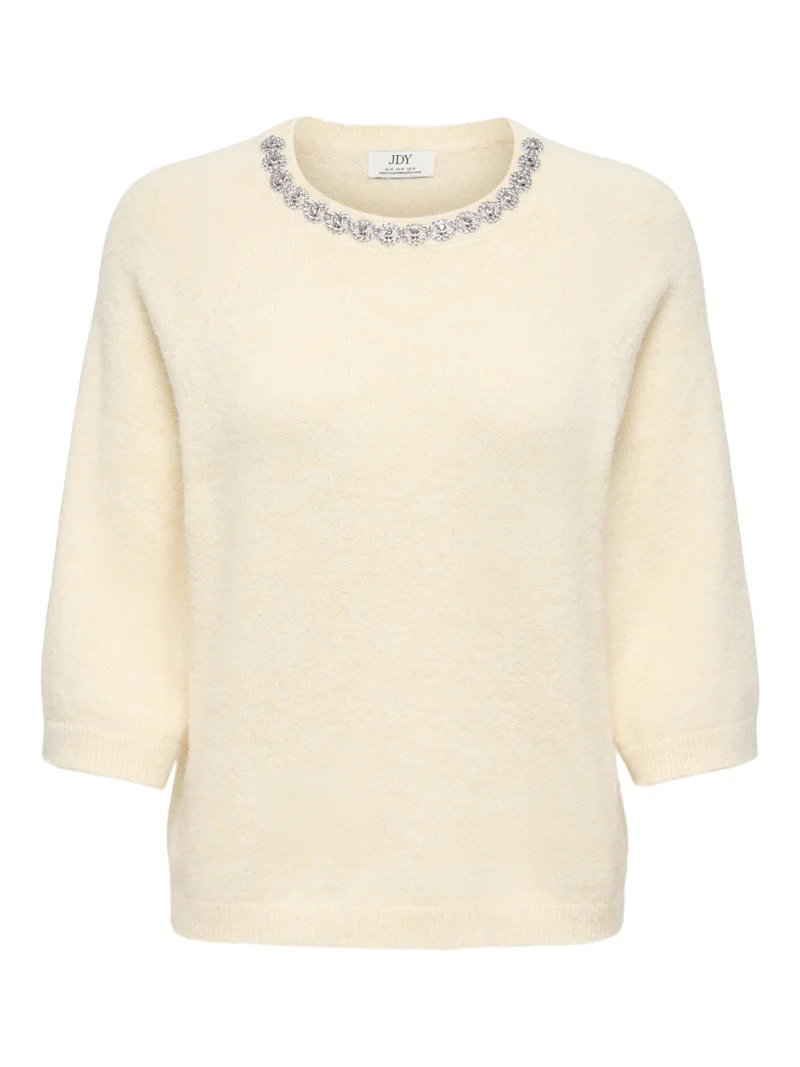 JDYALVA LIFE 3/4 EMBELLISH PULL KNT, Crème Brûlée/W. SILVER EMBELLISHMEN
