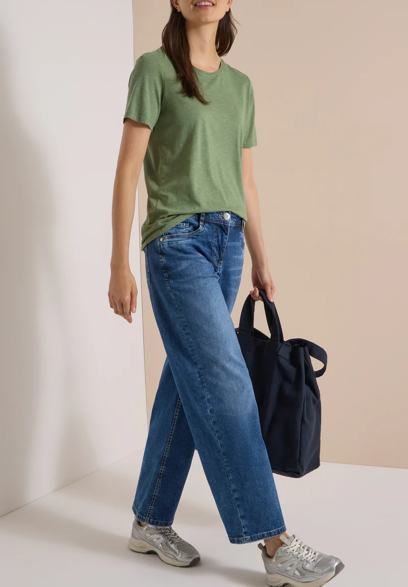 CECIL - Wide Leg Jeans mit Turn-Up im Leo-Look - "Neele" Farbe: mid blue wash