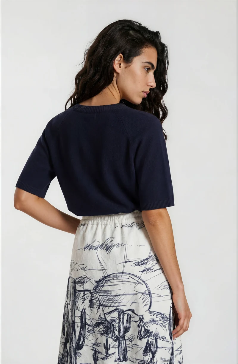 MIDI SKIRT WITH ELASTIC WB POCKETS, NAVY PRINT