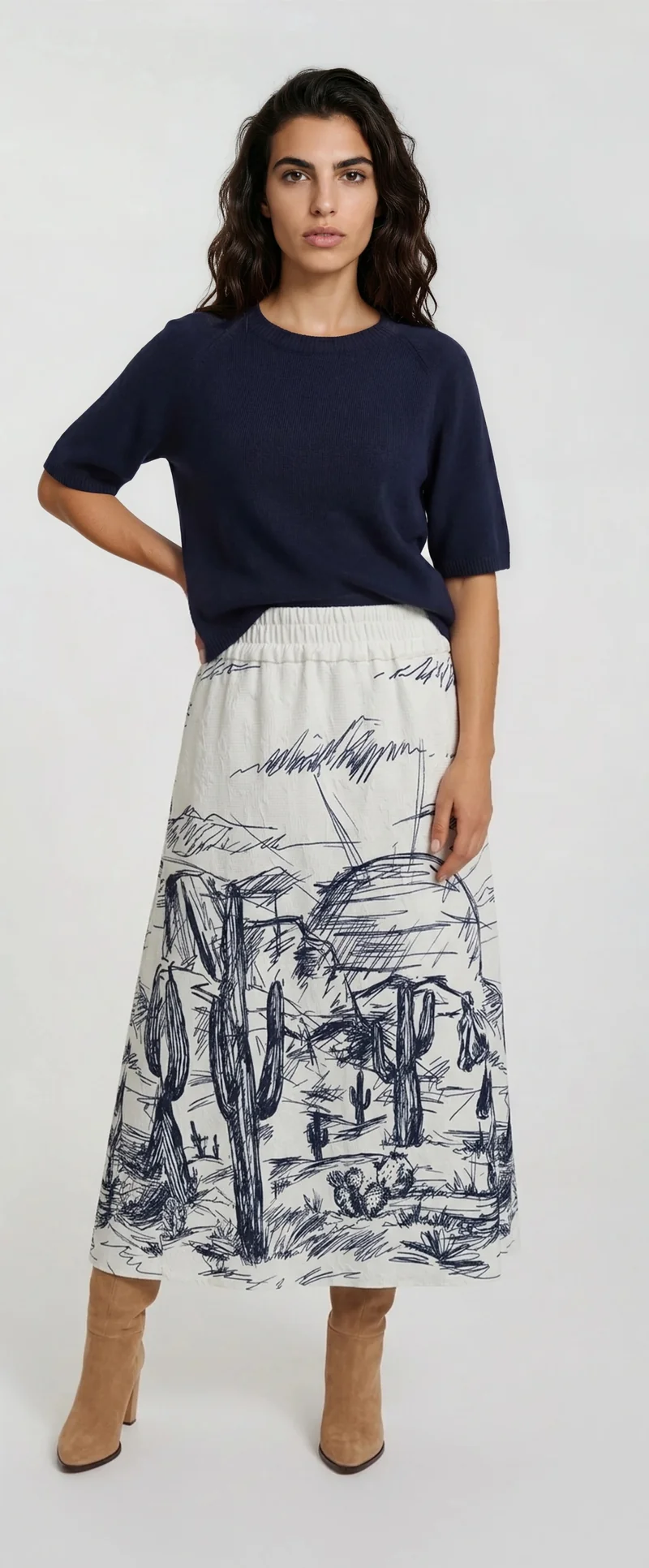 MIDI SKIRT WITH ELASTIC WB POCKETS, NAVY PRINT
