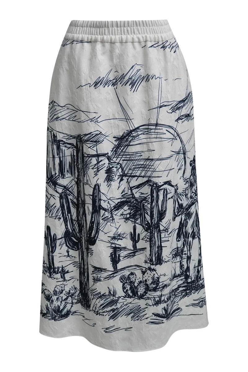 MIDI SKIRT WITH ELASTIC WB POCKETS, NAVY PRINT