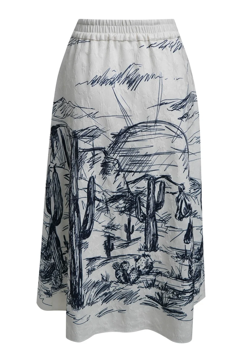 MIDI SKIRT WITH ELASTIC WB POCKETS, NAVY PRINT