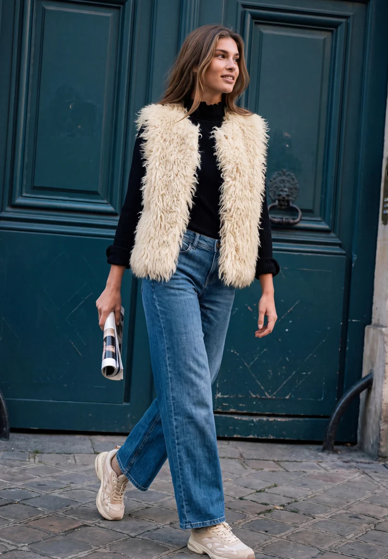 Studio Fake Fur Vest, creamed sand