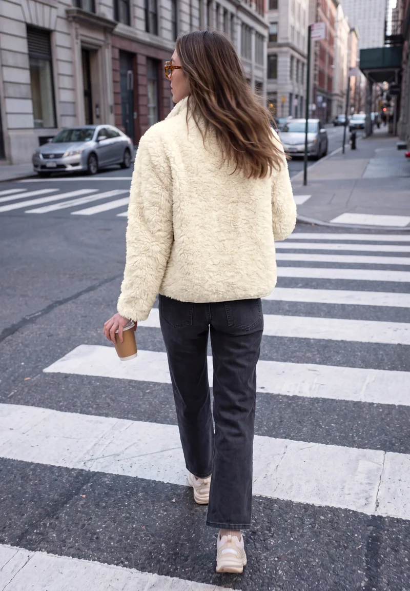 Studio Fake Fur Jkt w. Button, creamed sand
