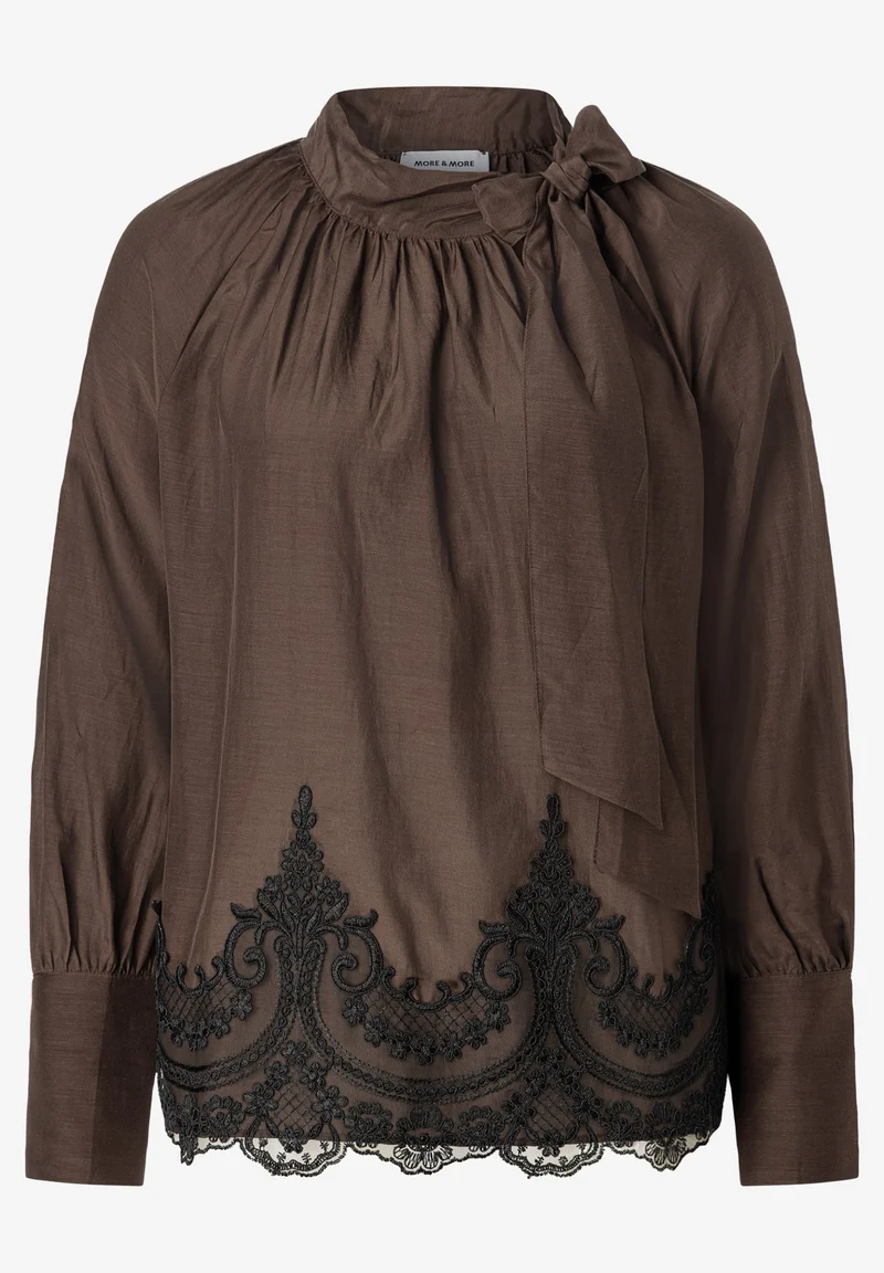Lace Detailed Pussycat Bow Blouse, espresso brown