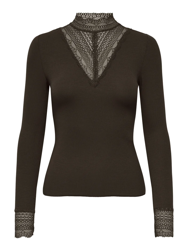ONLTILDE L/S HIGH NECK LACE TOP JRS, Chocolate Torte