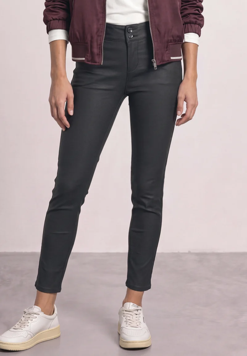 Street One - Mid Waist Hose im Slim Fit in Leder-Optik - Farbe: Black