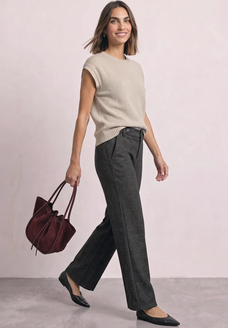 Street One - High Waist Wide Leg Hose mit Karomuster - Farbe: Black