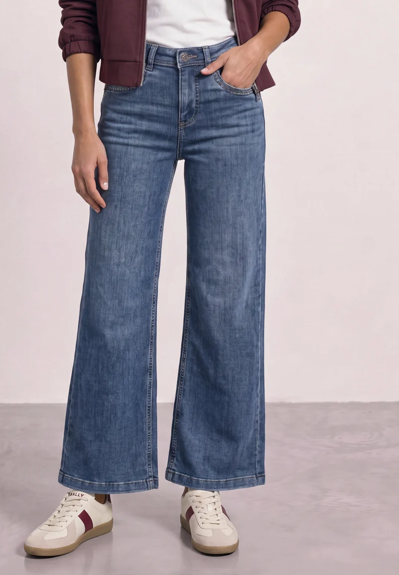 Street One - High Waist Wide Leg Jeans im Loose Fit - Farbe: Medium Blue Soft Washed
