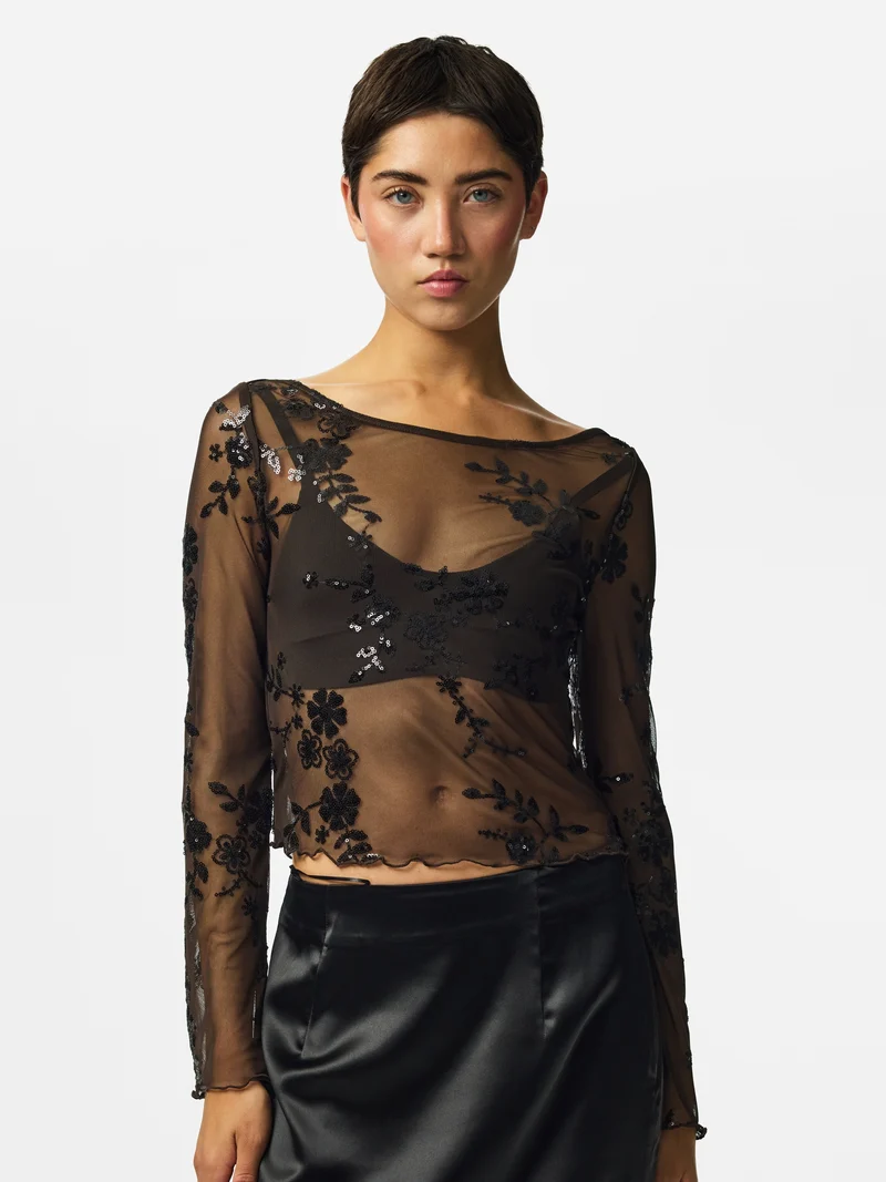 PCEVITA LS TOP JRS BC, Wren/Black sequins