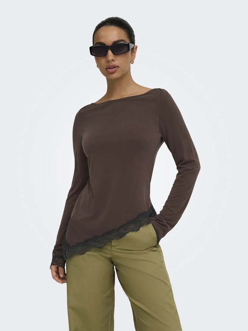 ONLFREE L/S LACE TOP JRS, Coffee Bean/Black lace