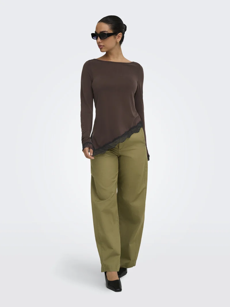 ONLFREE L/S LACE TOP JRS, Coffee Bean/Black lace