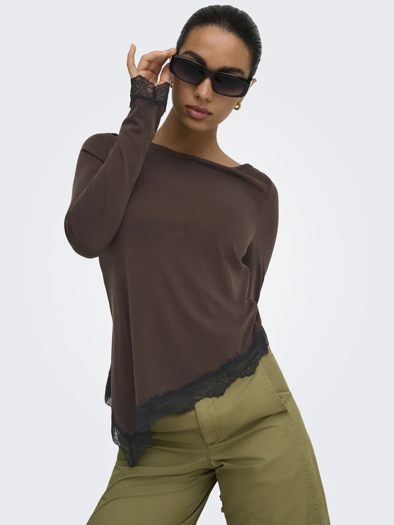 ONLFREE L/S LACE TOP JRS, Coffee Bean/Black lace